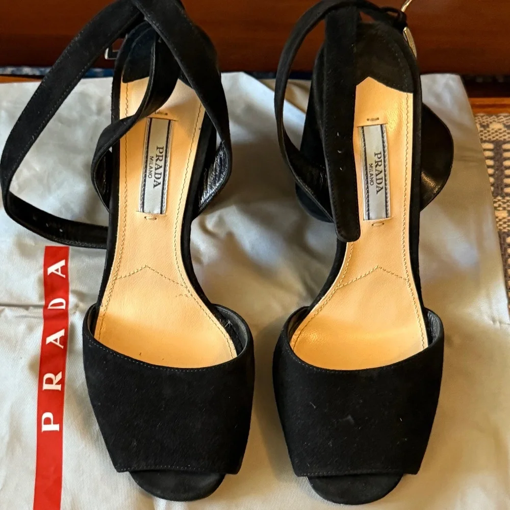 Prada Platform Suede, Cylinder-Shaped Heel, with ankle strap
